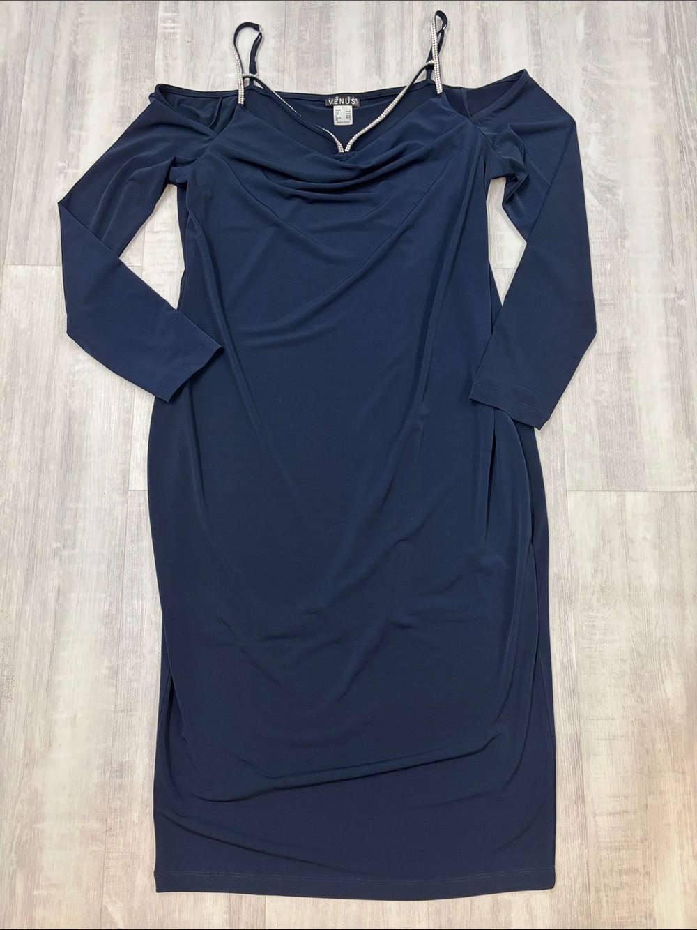 VENUS Navy Off-Shoulder Cowl Midi Dress with Spaghetti Straps with Rhinestones